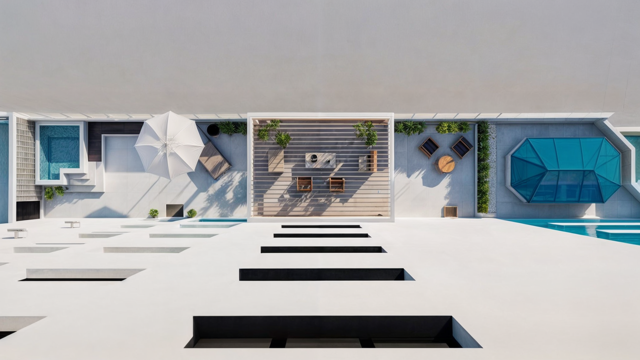 Vista aérea de área de lazer com piscina e espaço gourmet - projeto Reccon