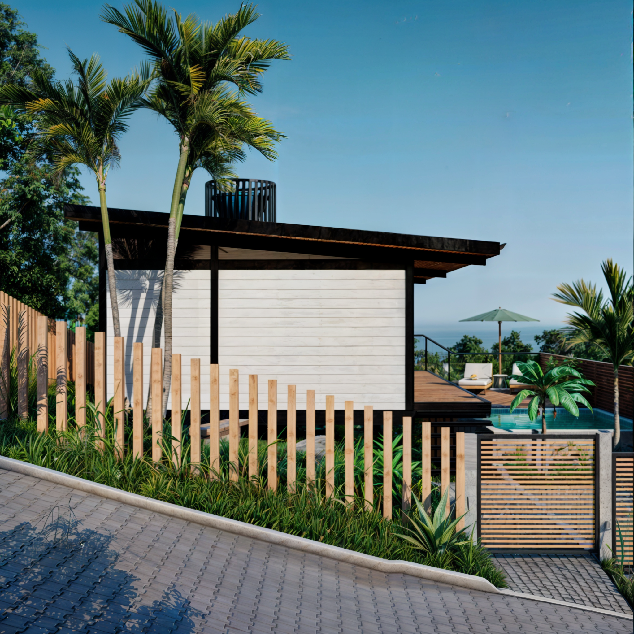 Cabana moderna com piscina e paisagismo tropical - projeto Reccon Construtora