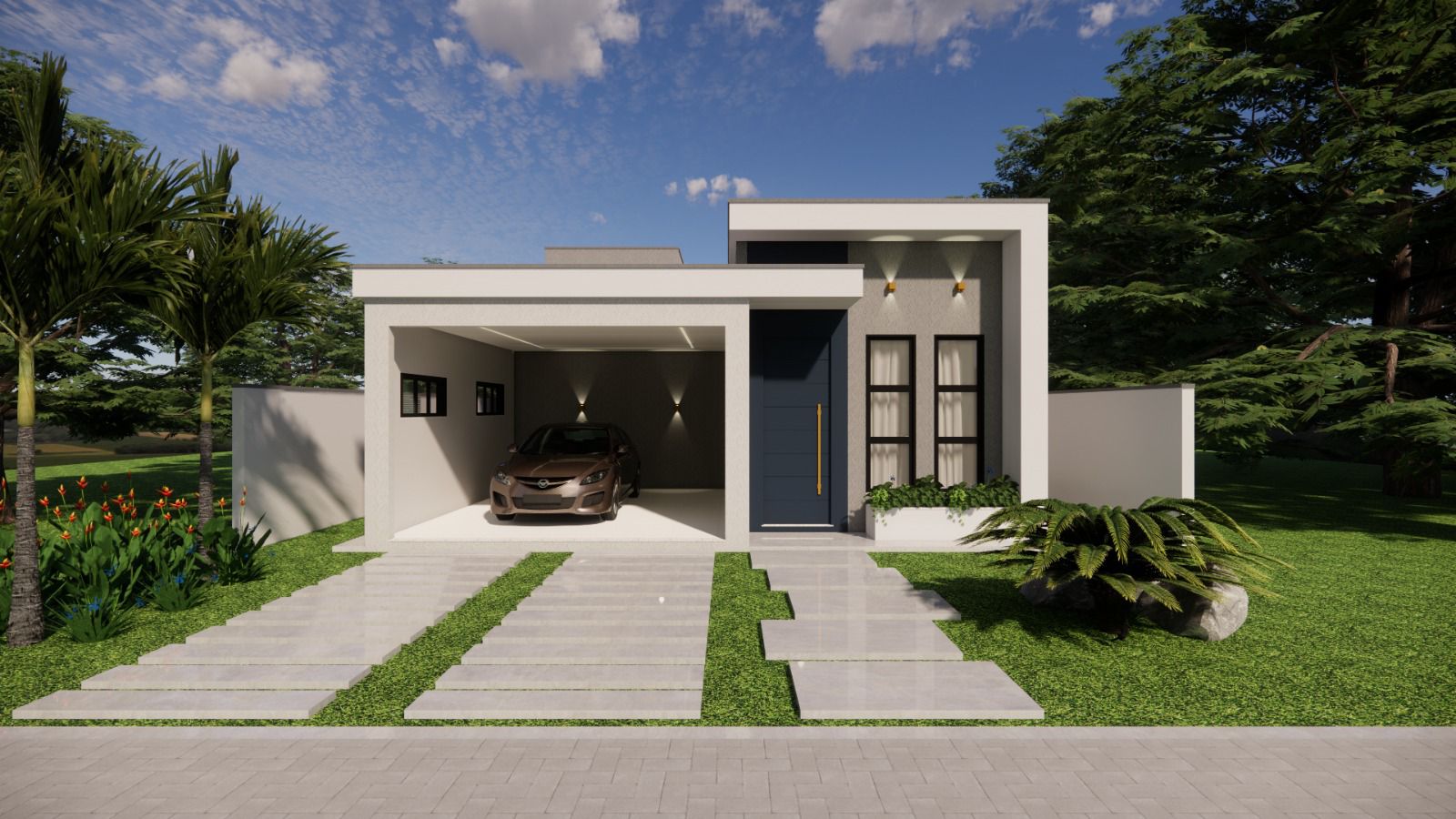 Casa térrea moderna com design limpo e jardim - Reccon Construtora Blumenau